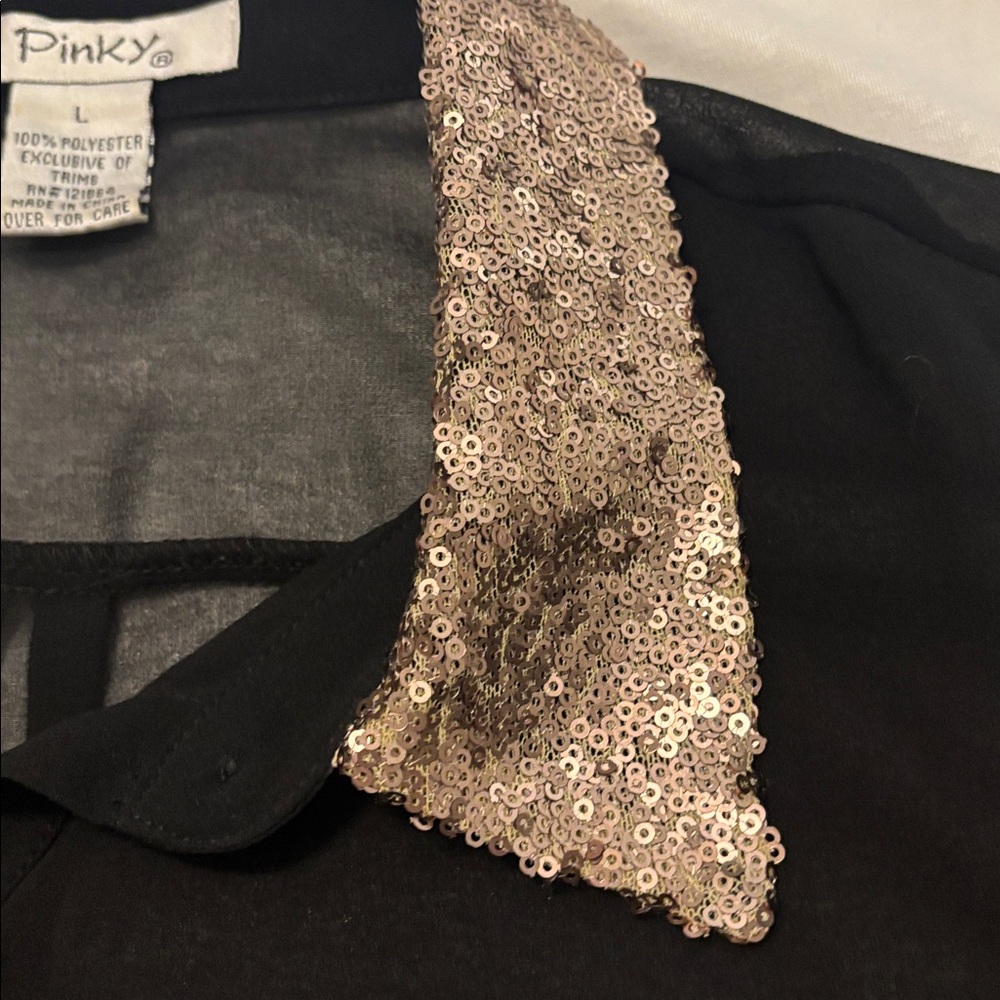 Pinky Black Sheer Shirt w/Gold Sequin Collar SZ L transparent party night out - Picture 10 of 14